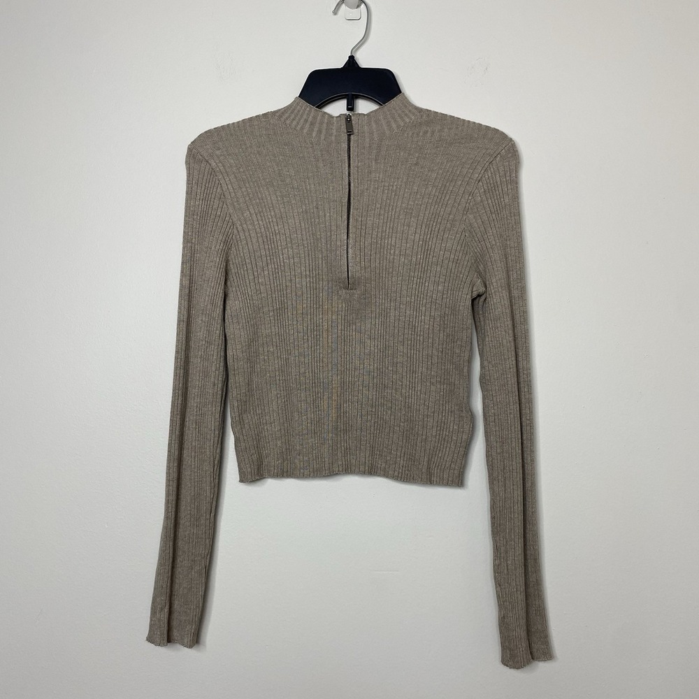 House of Harlow Cropped 1/4 Zip Beige Sweater Womens Medium Mock Neck Minimalist